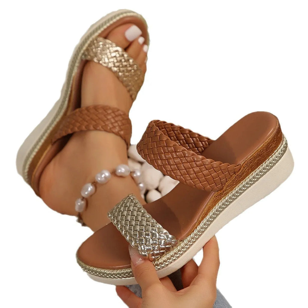 Women's metallic gold wedge sandals with a PU upper and rubber sole, shown in a larger size.