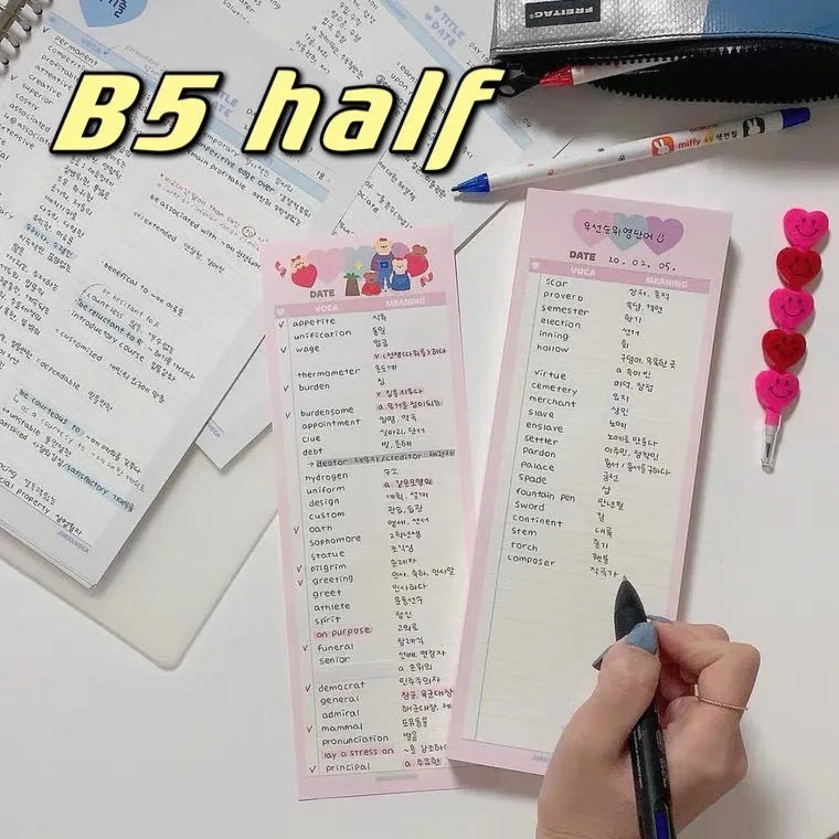 Vertical English vocabulary learning notepad in B5 half size with double-sided printing