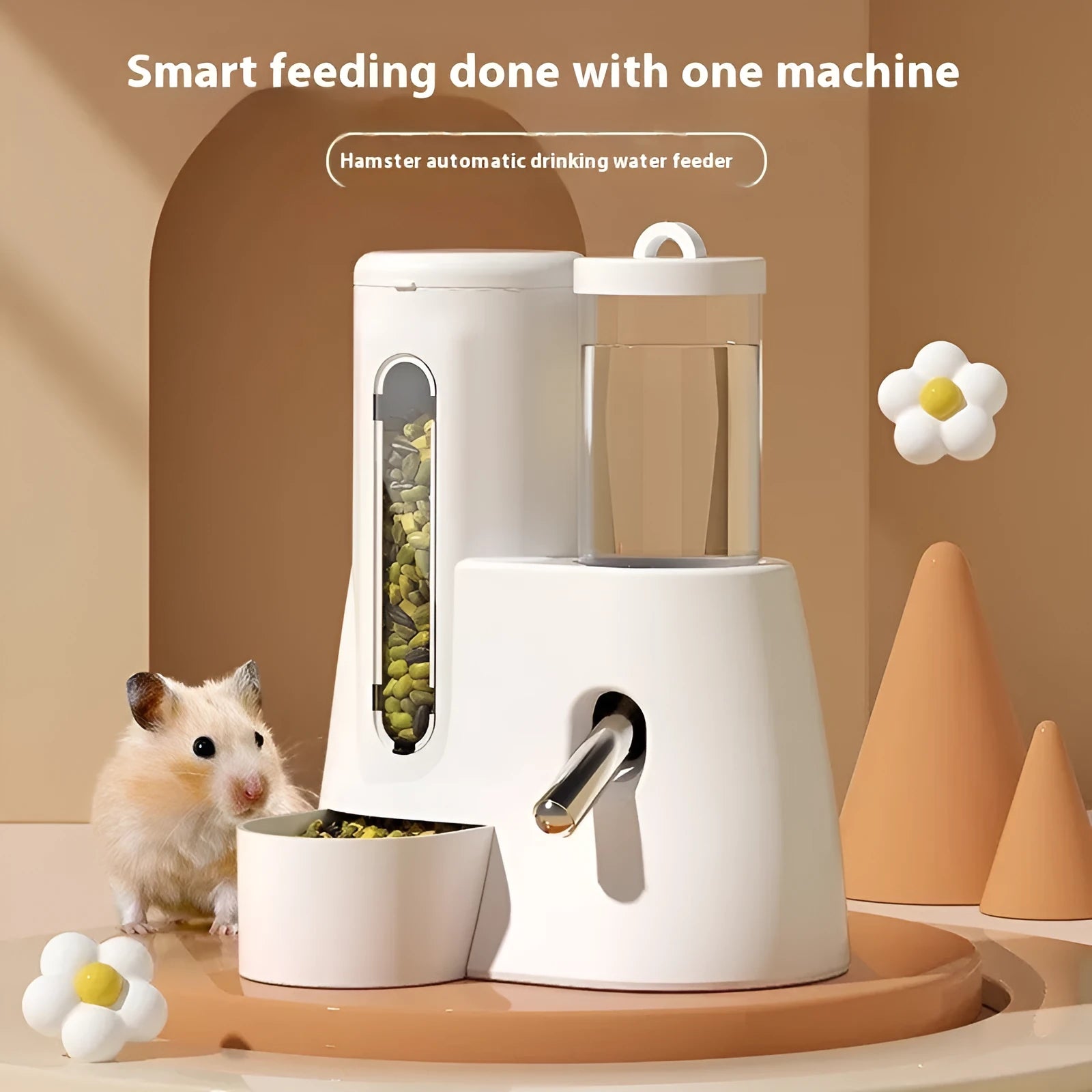 Blue automatic drinking water feeder and food basin for Djungarian hamsters mounted on cage bars