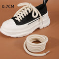 Solid colour round woven shoelaces showing white, black, and beige options with length and thickness choices