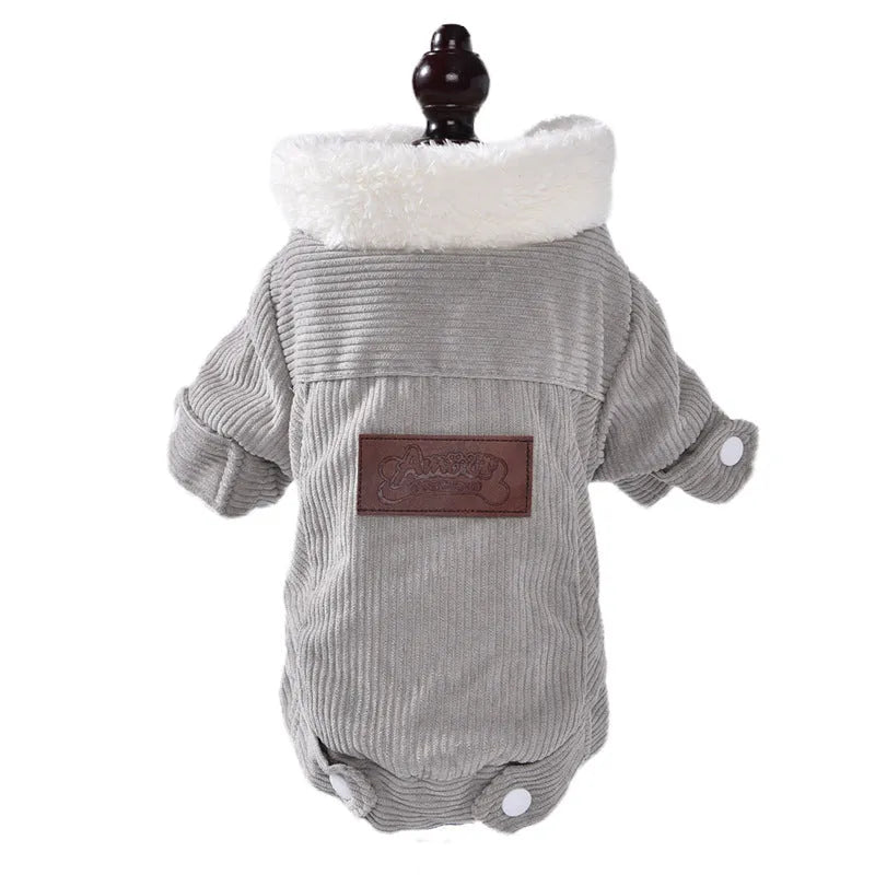 Dog wearing grey lambswool fleece-lined vest for autumn and winter warmth keeping