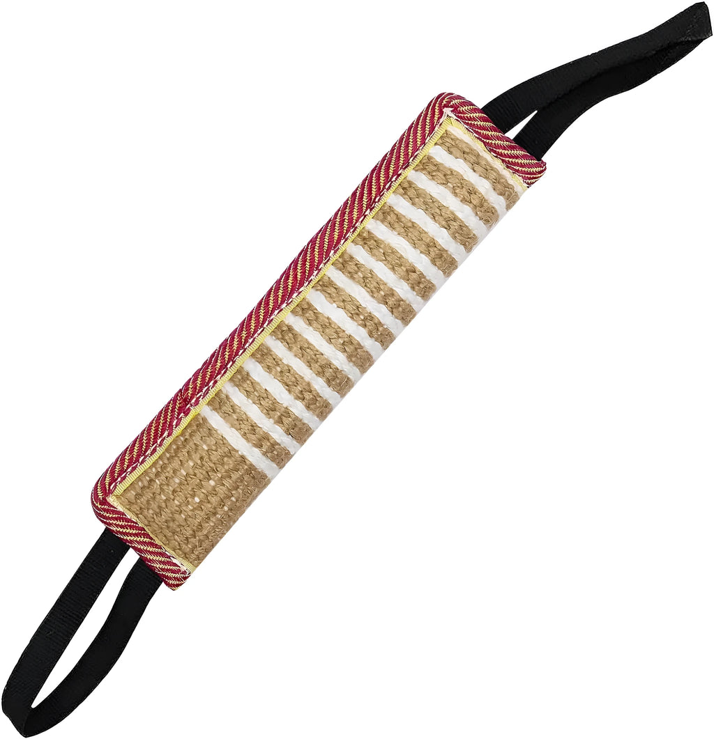 Beige jute dog tug toy with two handles for interactive training play