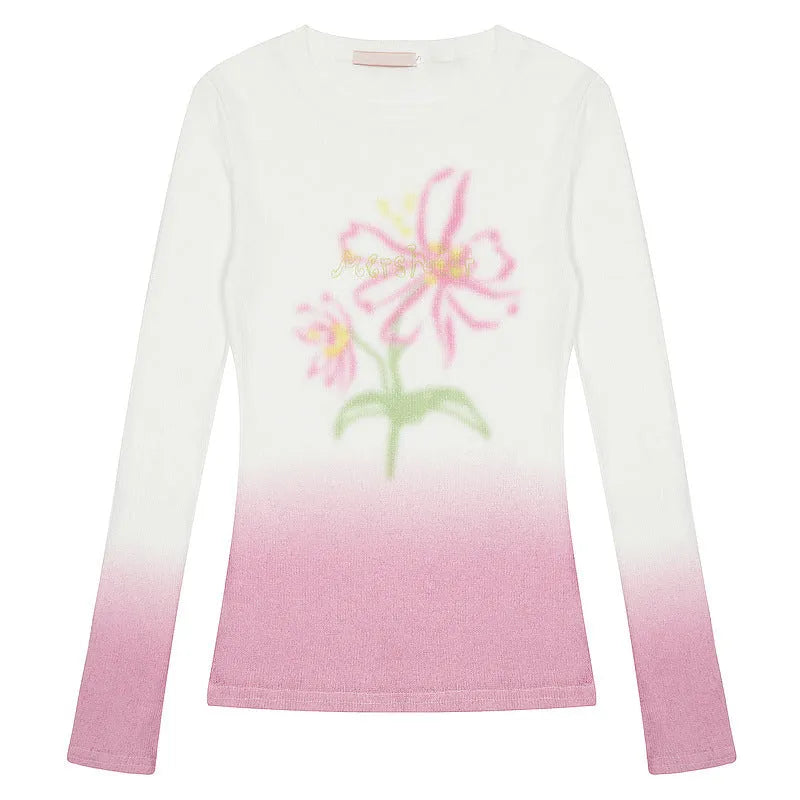 Women's long sleeve T-shirt with gradient floral print in light pink or yellow green colour options