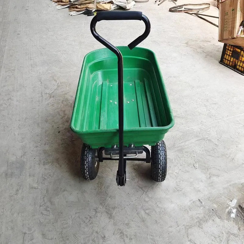 Green four-wheel plastic dumptruck with steel frame and 350kg load capacity