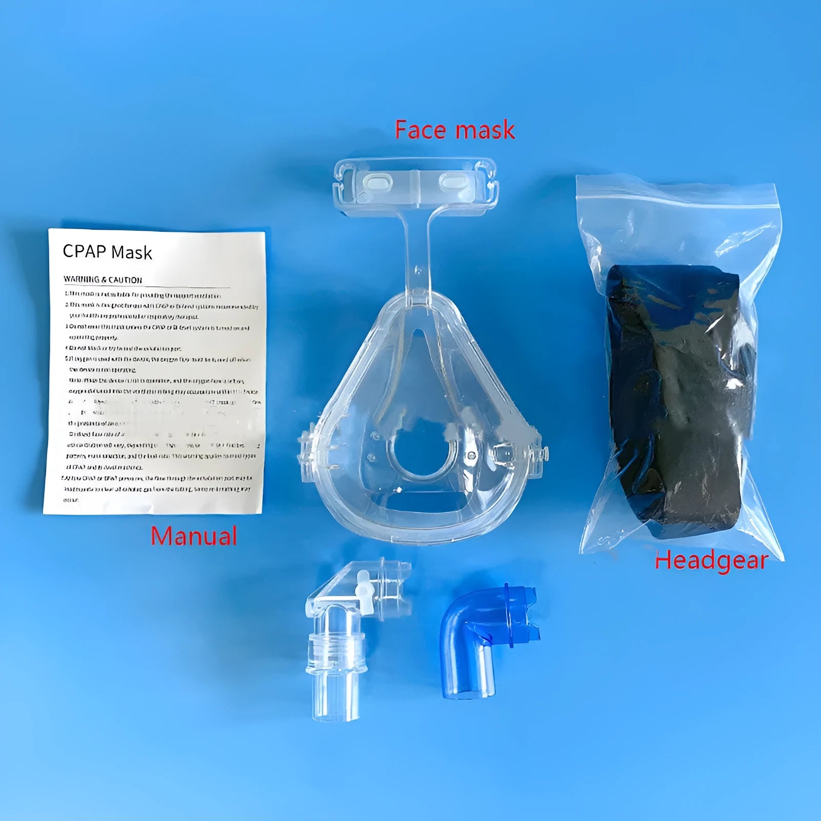 Transparent CPAP breathing mask with silicone construction and PC elbow adapters for ventilator connection