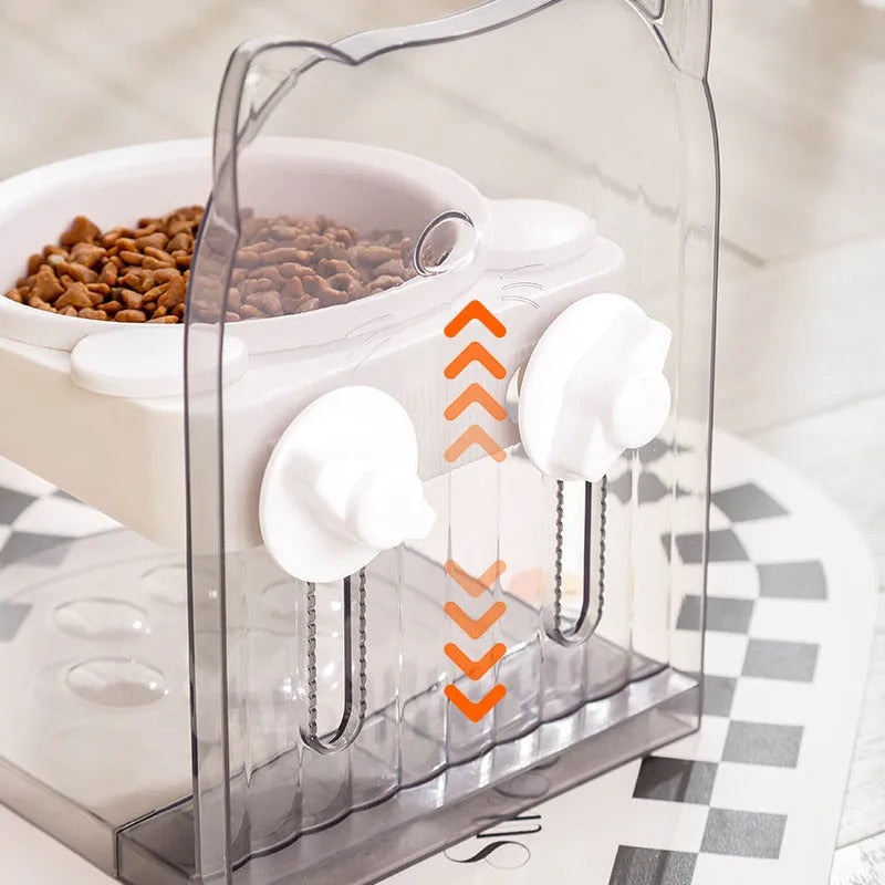 Grey cat feeding bowl with cat ears design and neck protection collar on removable hanging cage