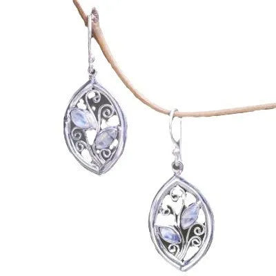 Silver leaf-shaped earrings with embedded colourful moonstone stones for women