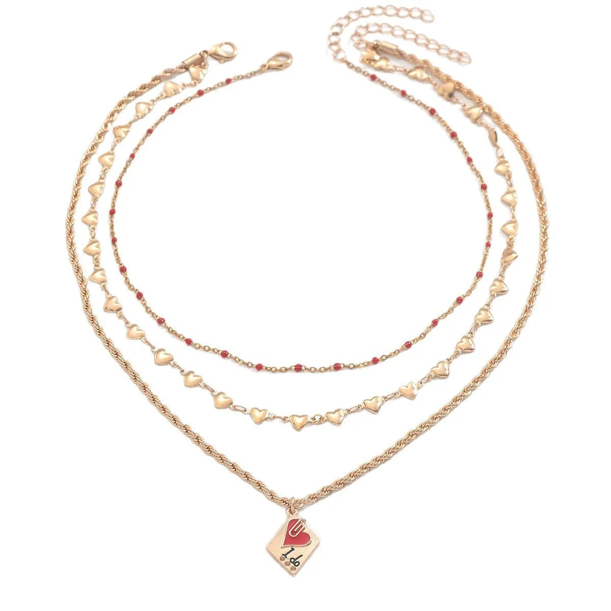 Close-up of a three-layer geometric love pendant on an adjustable zinc alloy clavicle chain.