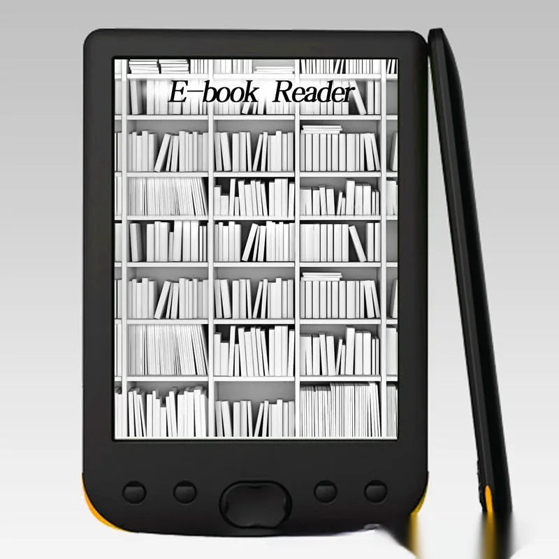 Black 6-inch E-ink screen e-book reader held in a hand, showing a page of text.