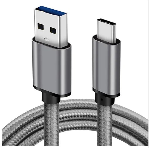USB 3.0 to USB-C braided charging cable with metal plugs in gold, grey, and silver colour options