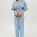 Blue polyester men's suit set with long sleeve jacket and matching trousers