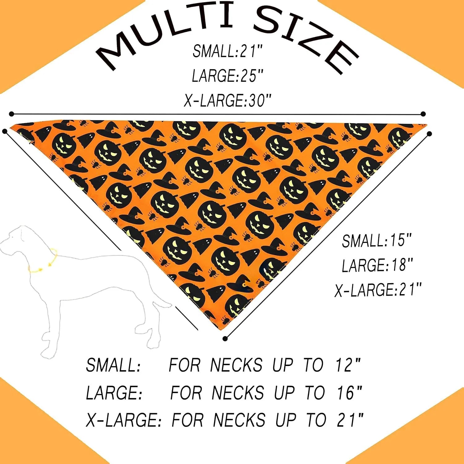 Halloween dog bandana with pumpkin and spider web patterns on reversible black and orange triangle bib