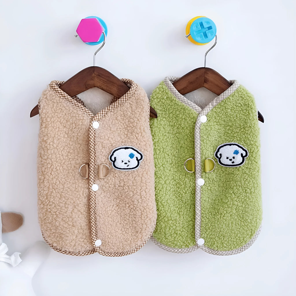 Green coral fleece dog sweatshirt vest with leash ring for small pets in autumn winter