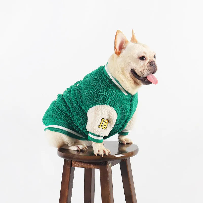 Green fleece-lined cotton dog winter jacket showing sizing options from L to 4XL