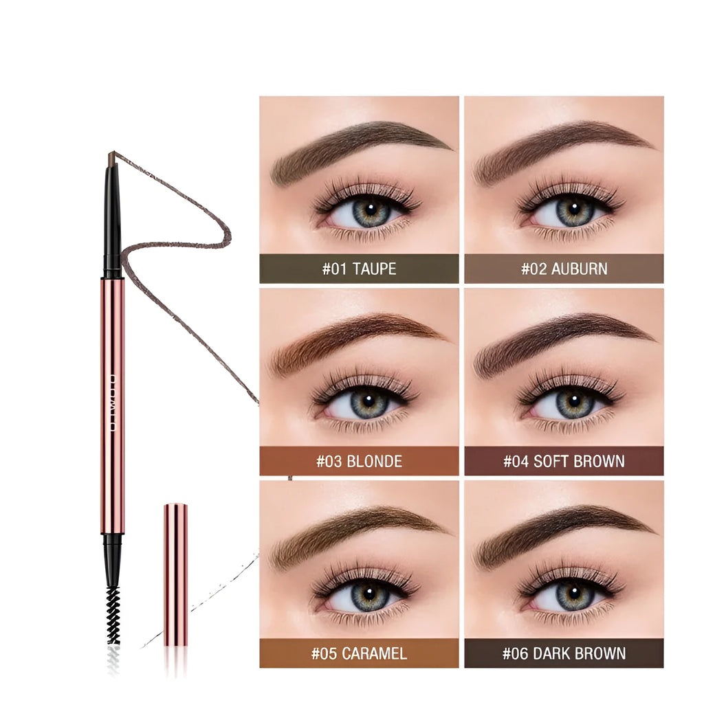 Eyebrow makeup pencil with triangular tip in colour box, shown in shades Auburn, Blonde, Caramel, Dark Brown, Soft Brown, Taupe.