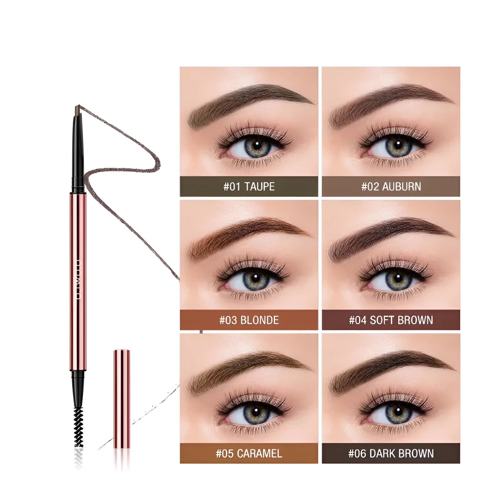 Eyebrow makeup pencil with triangular tip in colour box, shown in shades Auburn, Blonde, Caramel, Dark Brown, Soft Brown, Taupe.