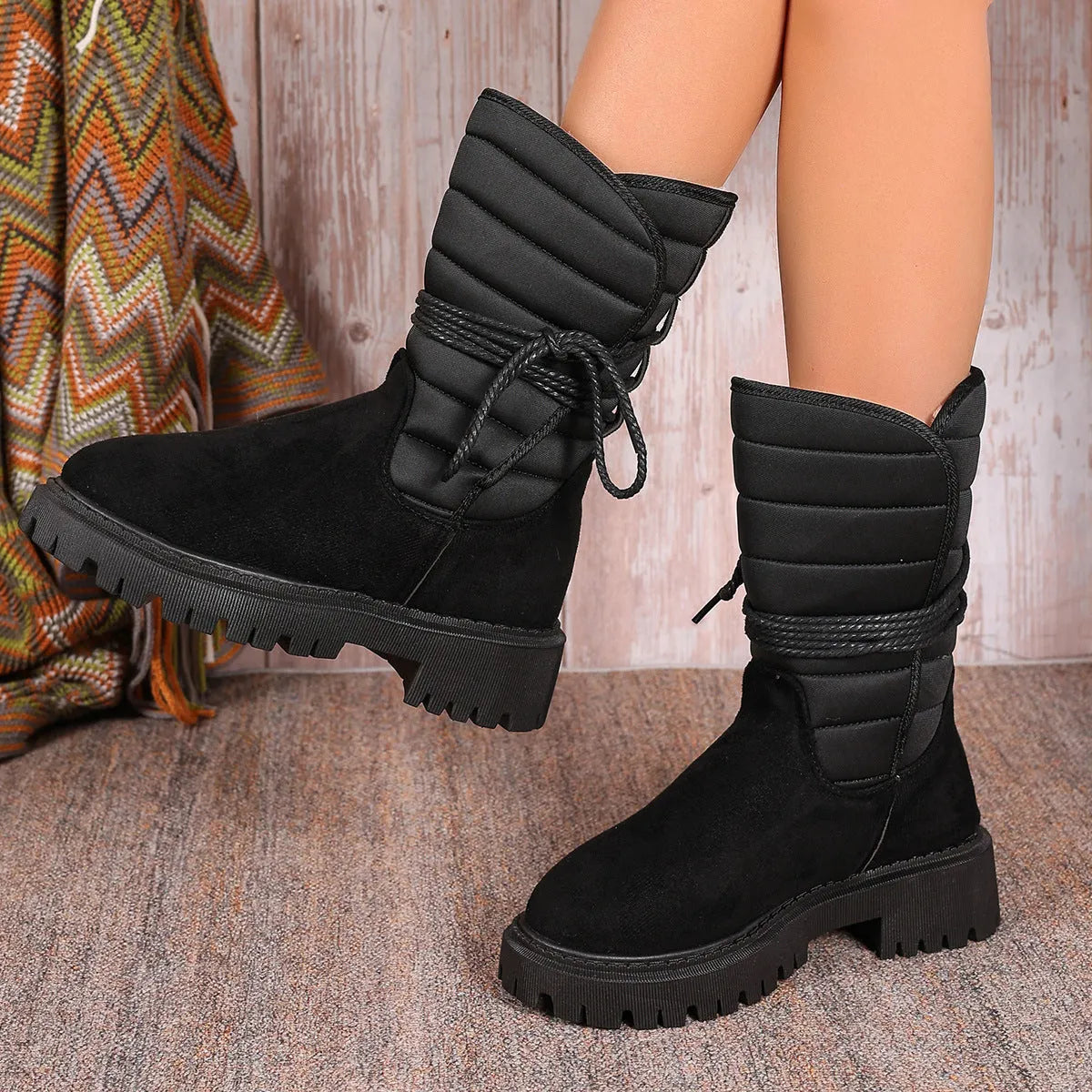 Women's chunky heel mid-tube snow boots with fleece lining and lace-up design