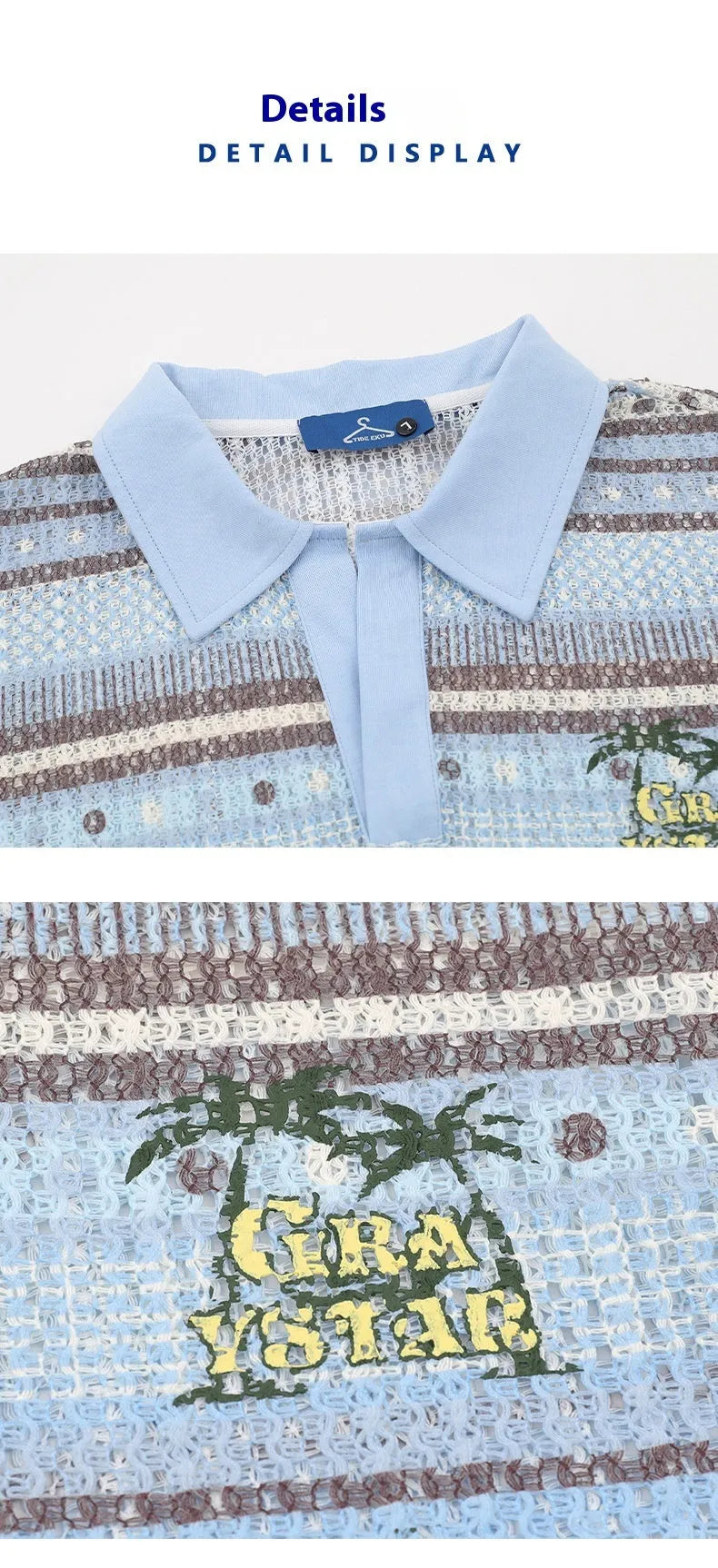 Man wearing a blue loose-fit printed casual shirt with short sleeves.