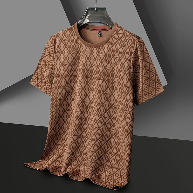 Man wearing a loose-fit solid colour ice silk short sleeve t-shirt with a round neck.