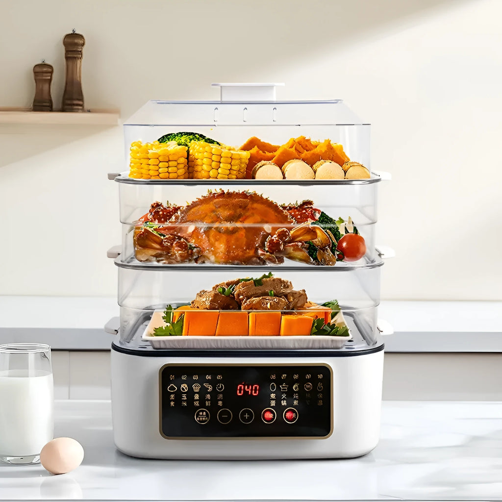 Stainless steel electric steamer with automatic water measuring and 10L capacity