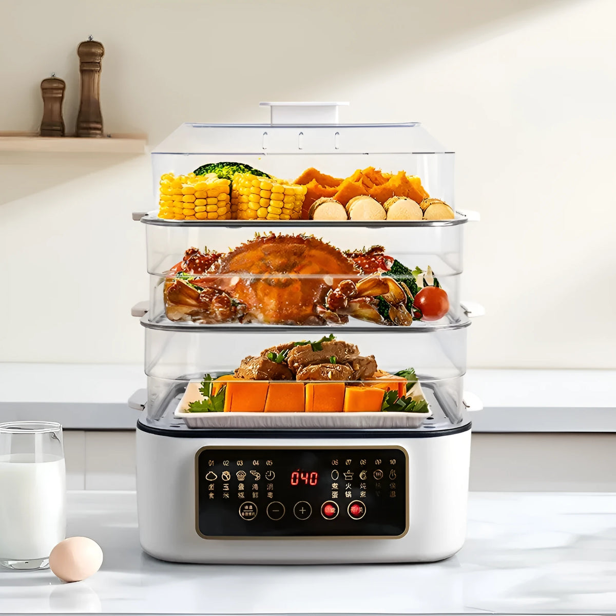 Stainless steel electric steamer with automatic water measuring and 10L capacity