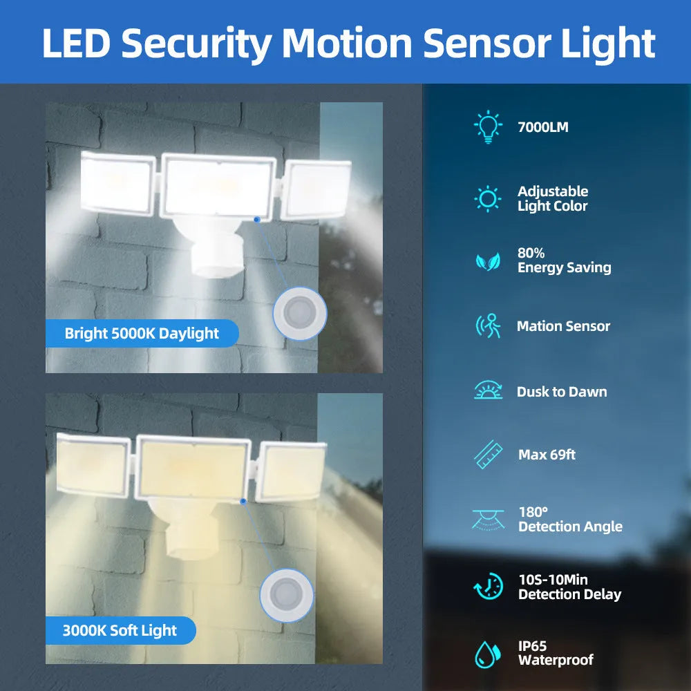White LED security flood light with motion sensor for outdoor wall mounting