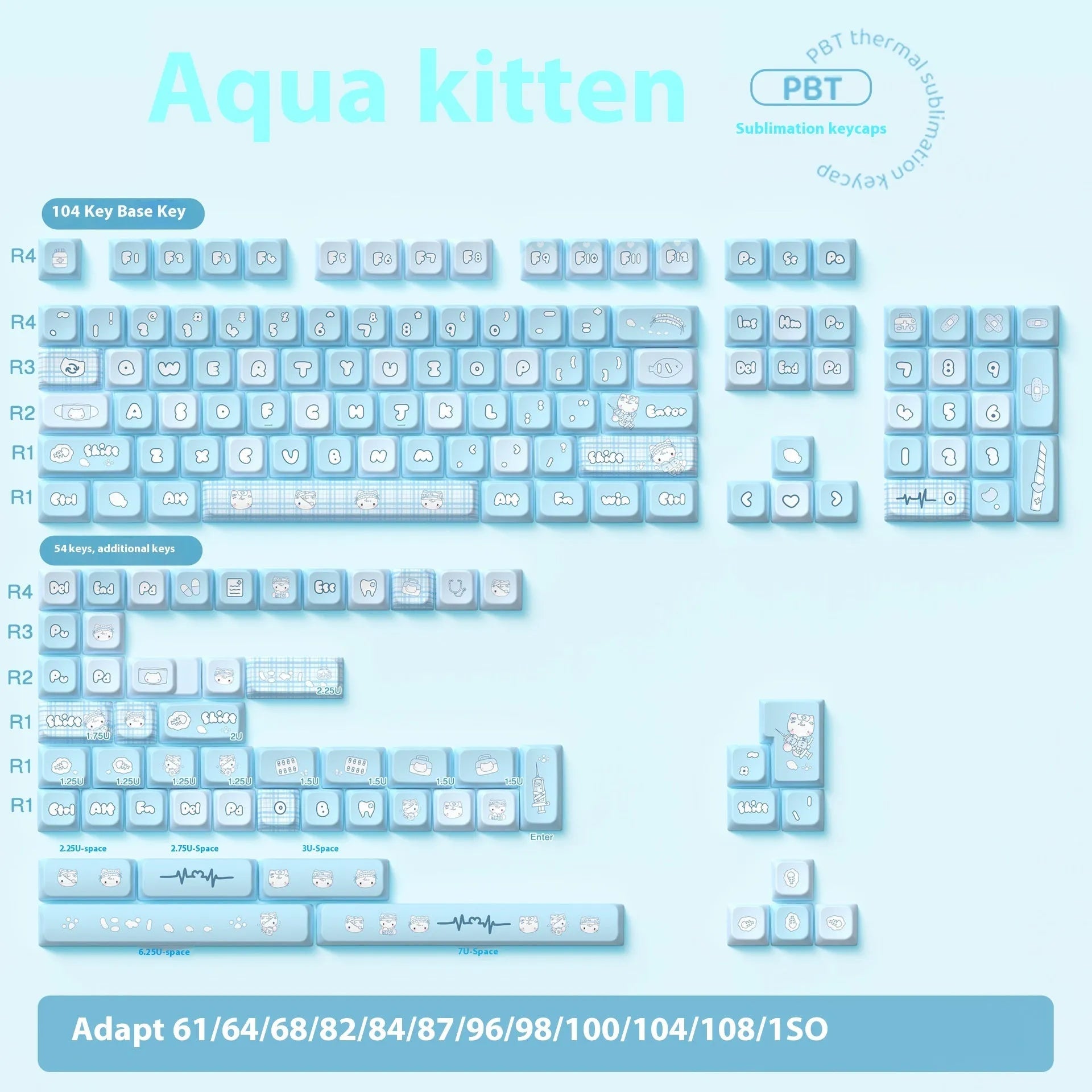 Custom watercolour cat design PBT keycap set for mechanical keyboards, showing 138 or 158 keys in a box.