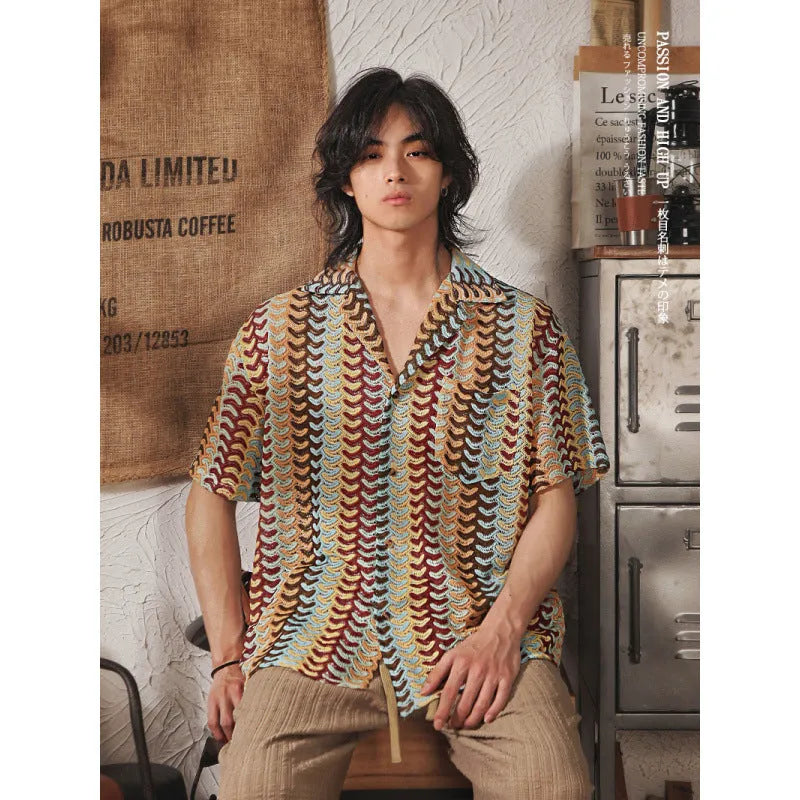 Japanese style Cuban collar short sleeve shirt in grey or red hollow jacquard polyester