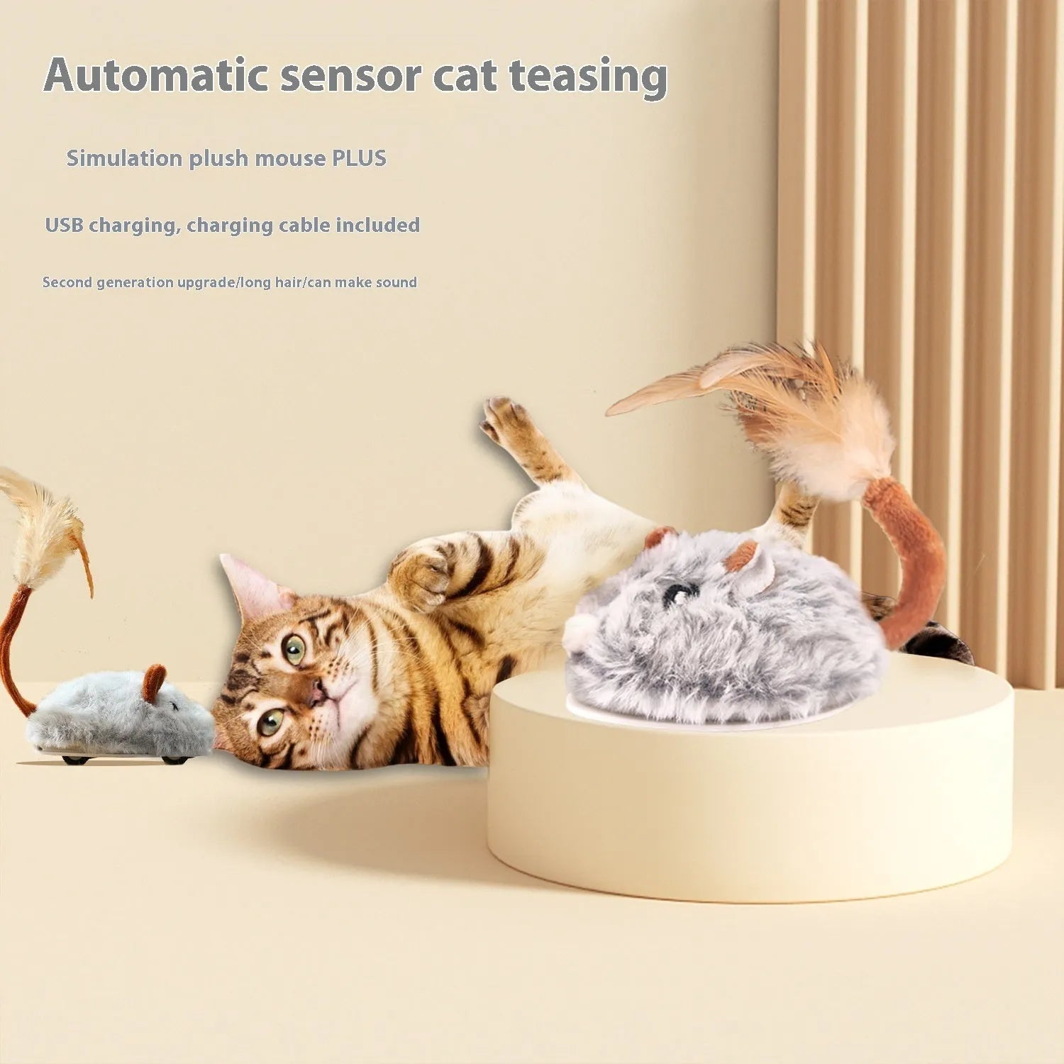 Electric moving mouse cat pole toy in pink plush with USB Type-C charging port