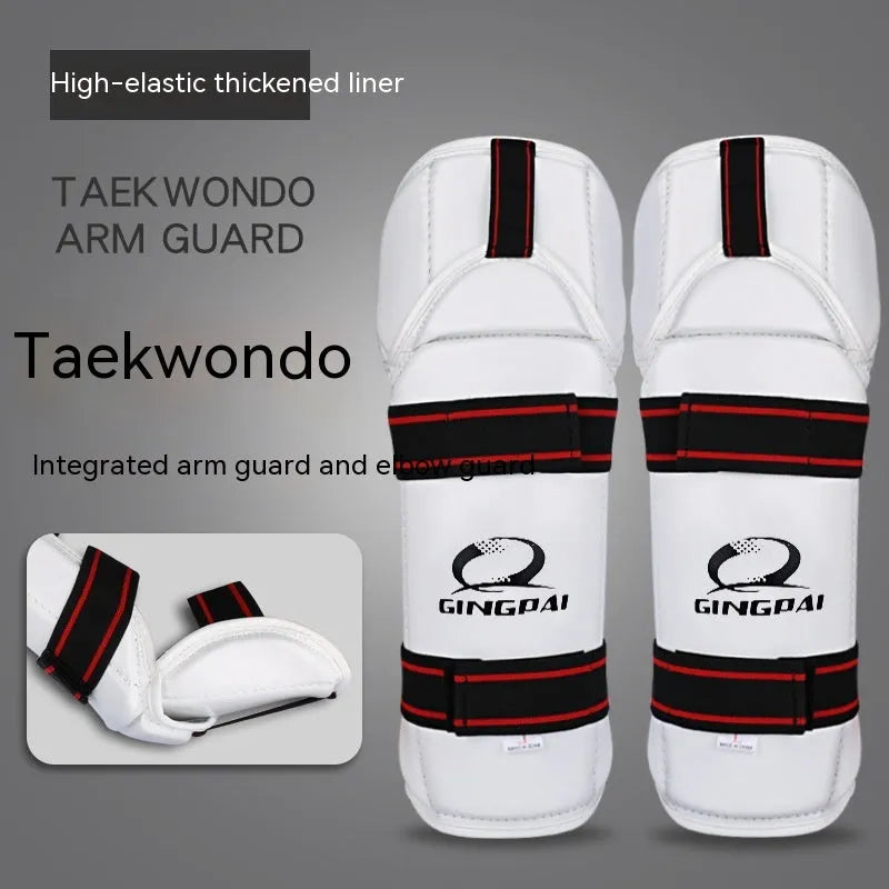 Taekwondo protective gear set showing PU EVA foam arm bands and leggings in sizes S M L XL.