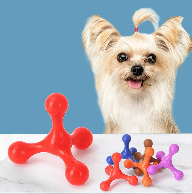 Blue silicone three-leg chew toy for small to medium dogs on white background