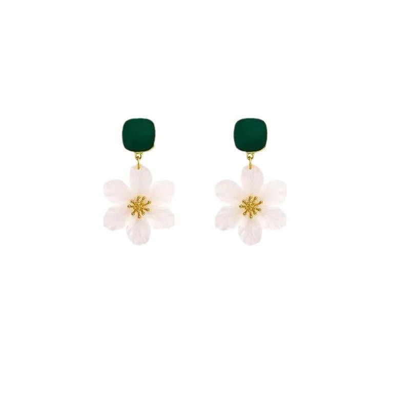 Dark green alloy needle flower dangle drop earrings for women showing sweet floral design details
