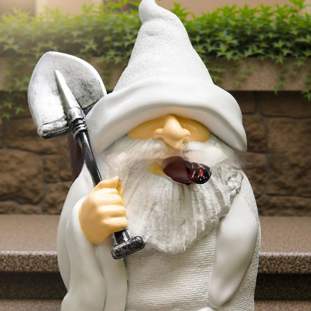 Christmas garden ornament featuring colourful dwarf smoking pipe, resin and plastic construction