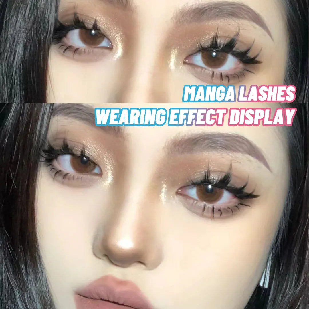 5 pairs of natural wispy manga false eyelashes on a black background, showing styles 007, 008, and 009 with plastic black terrier.