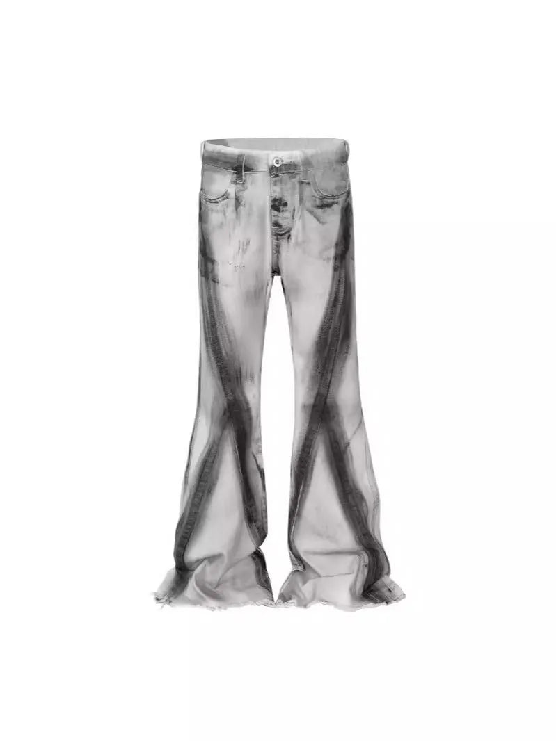 White retro jeans with heavy selvedge detailing and black ribbon gradient on denim fabric