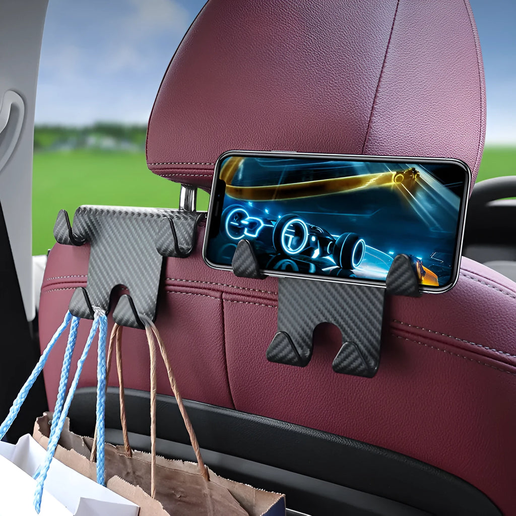 Black ABS car multifunction hook bracket with integrated mobile phone holder for rear seat storage
