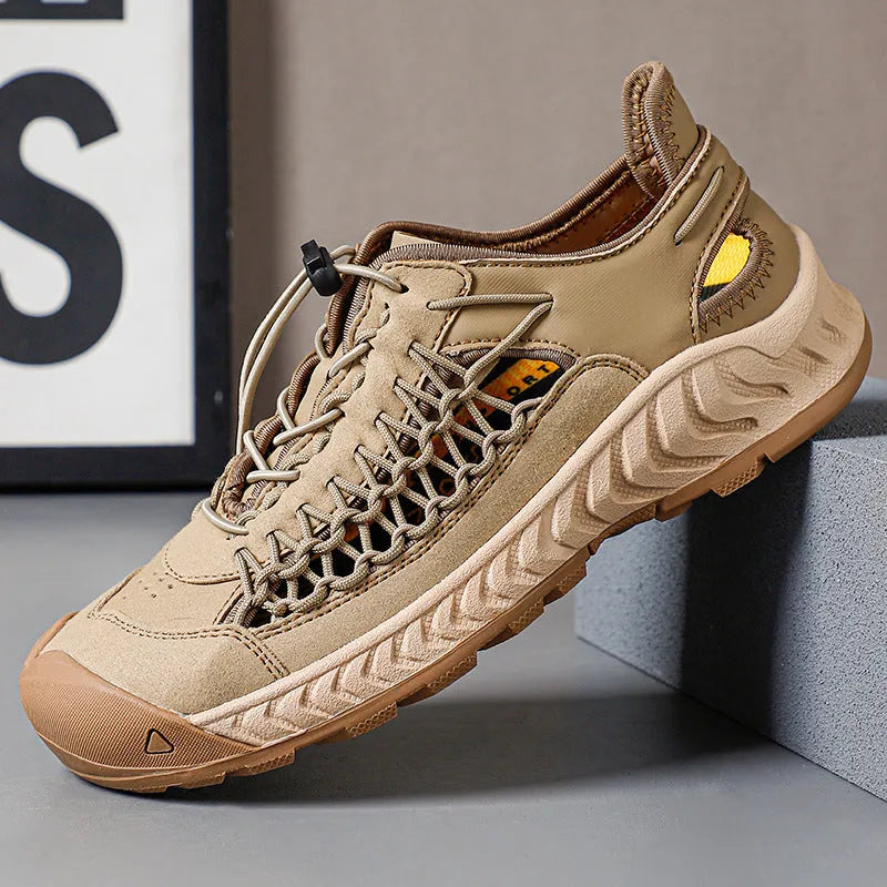 Men's hand-woven closed-toe sandals in light gray with a rubber sole and elastic band.