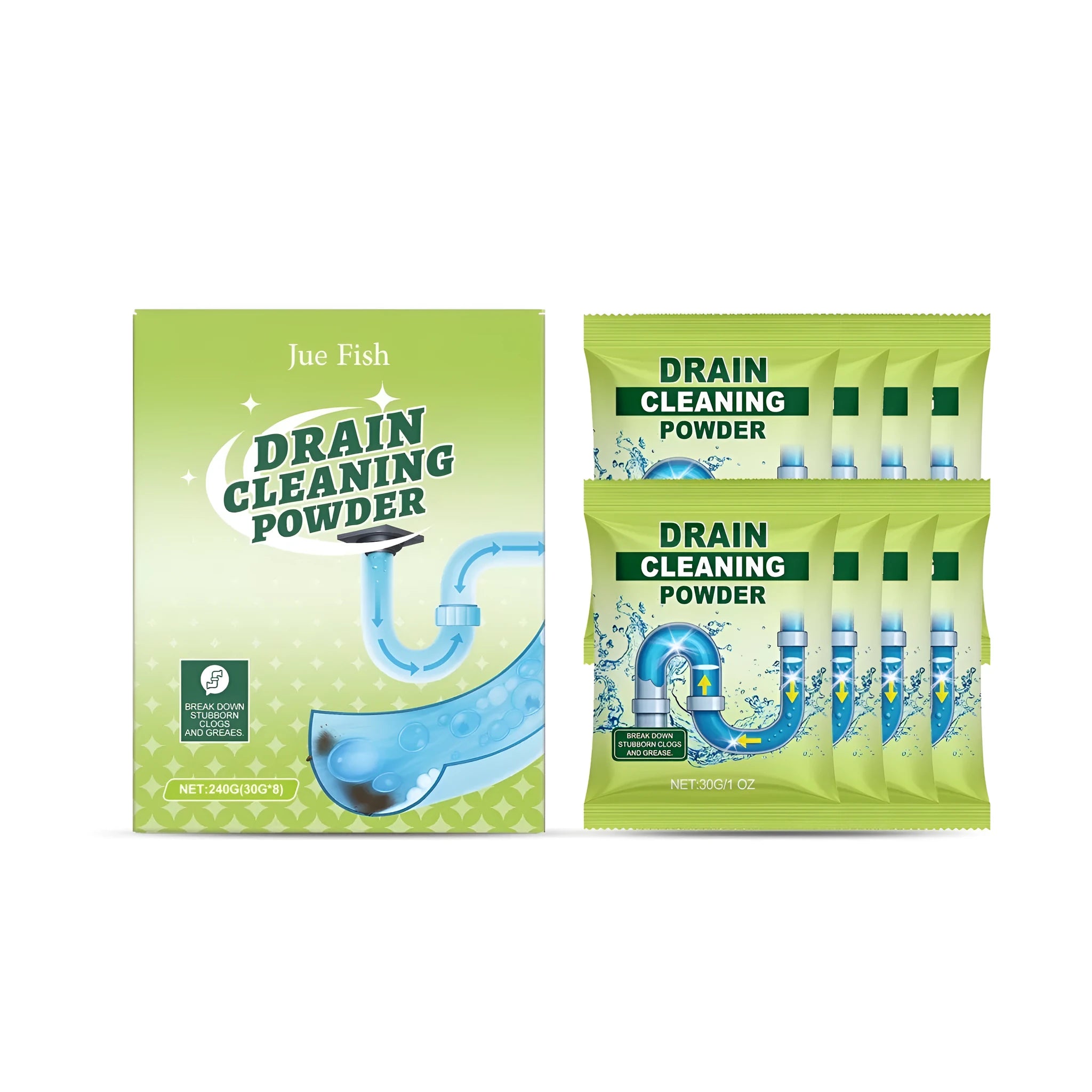 Drain cleaning powder pack with eight individual 30g sachets, total 240g, for unblocking sinks and toilets.