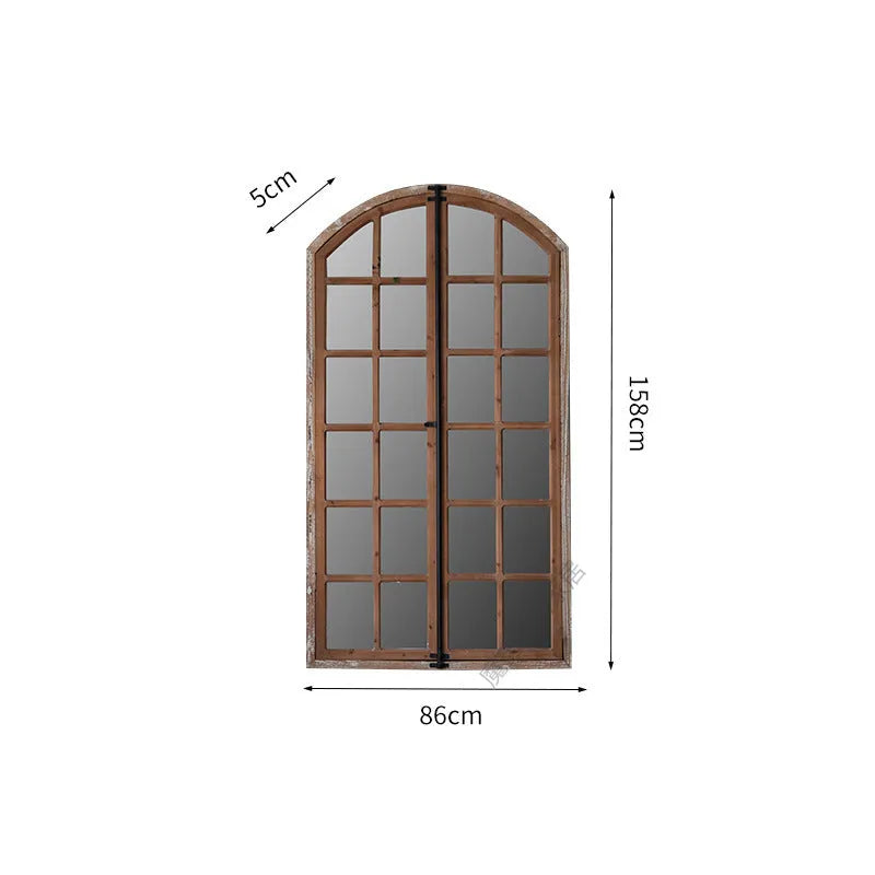 Terrace Distressed Fake Window Wall Mirror in log colour wooden glass