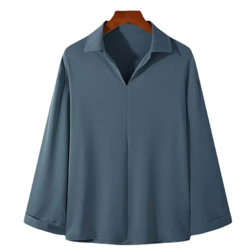 Men's loose lapels casual business shirt in polyester blend fabric with long sleeves and non-ironing finish