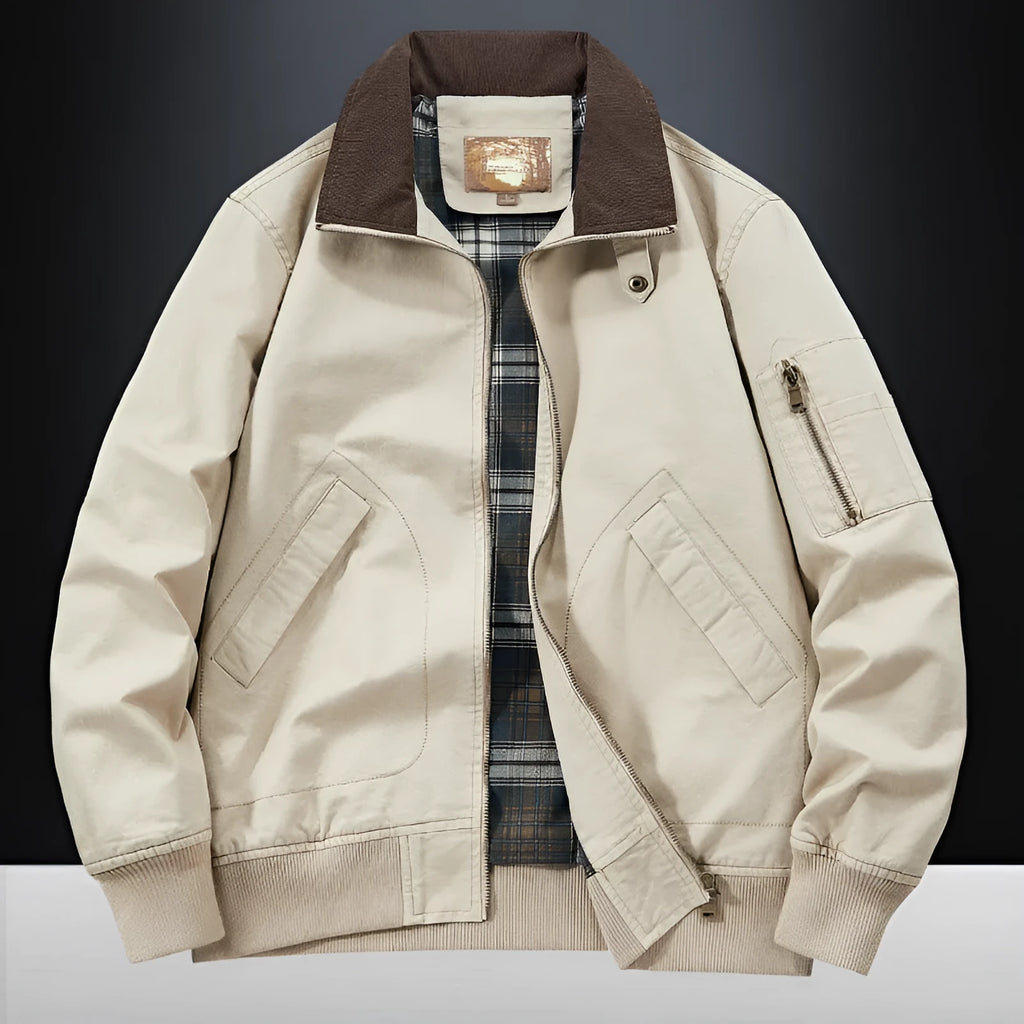 Men's plus size washed cotton baseball jacket in beige colour with full zip front.