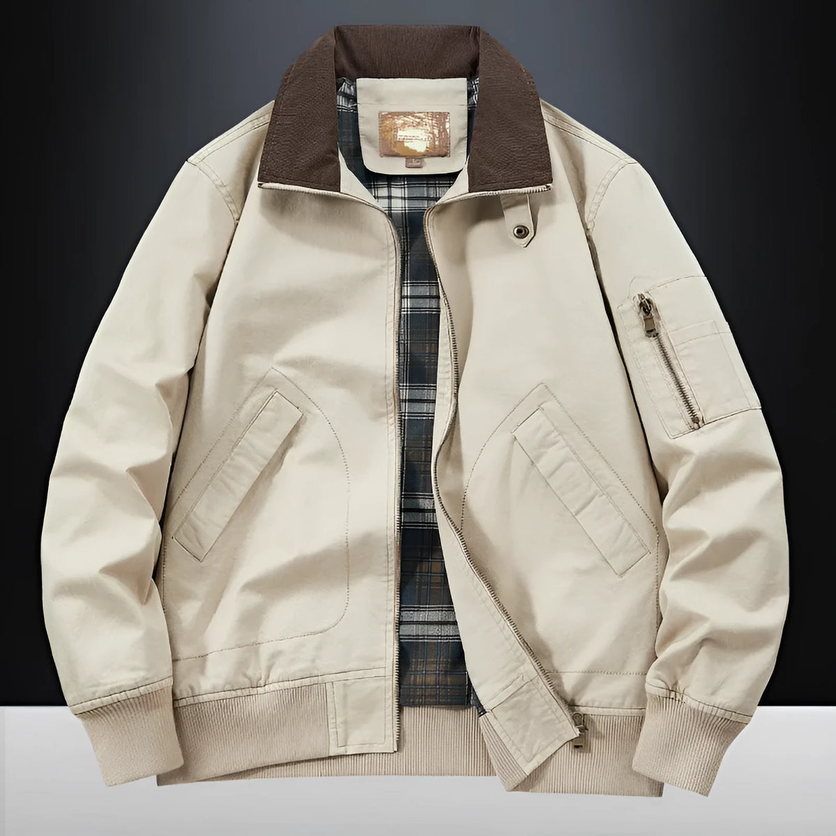 Men's plus size washed cotton baseball jacket in beige colour with full zip front.