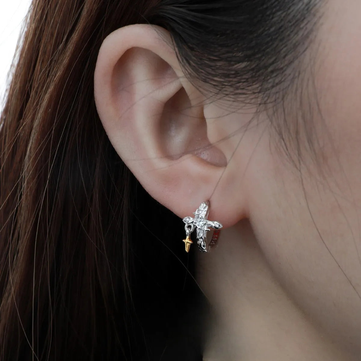 Women's geometric cross earrings in 925 silver with white gold colour electroplating