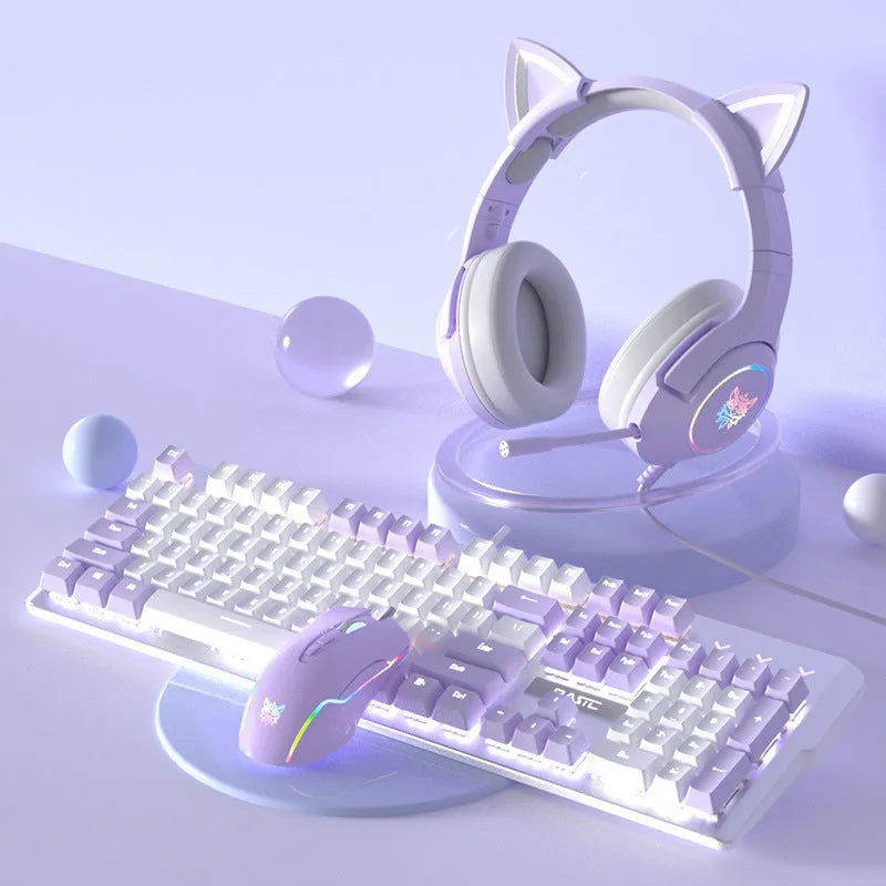 Purple mechanical keyboard and white mouse set with backlighting on wooden desk