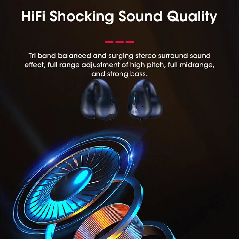 Bone conduction Bluetooth ear clip headset in black, white, or khaki colours showing ear clip design