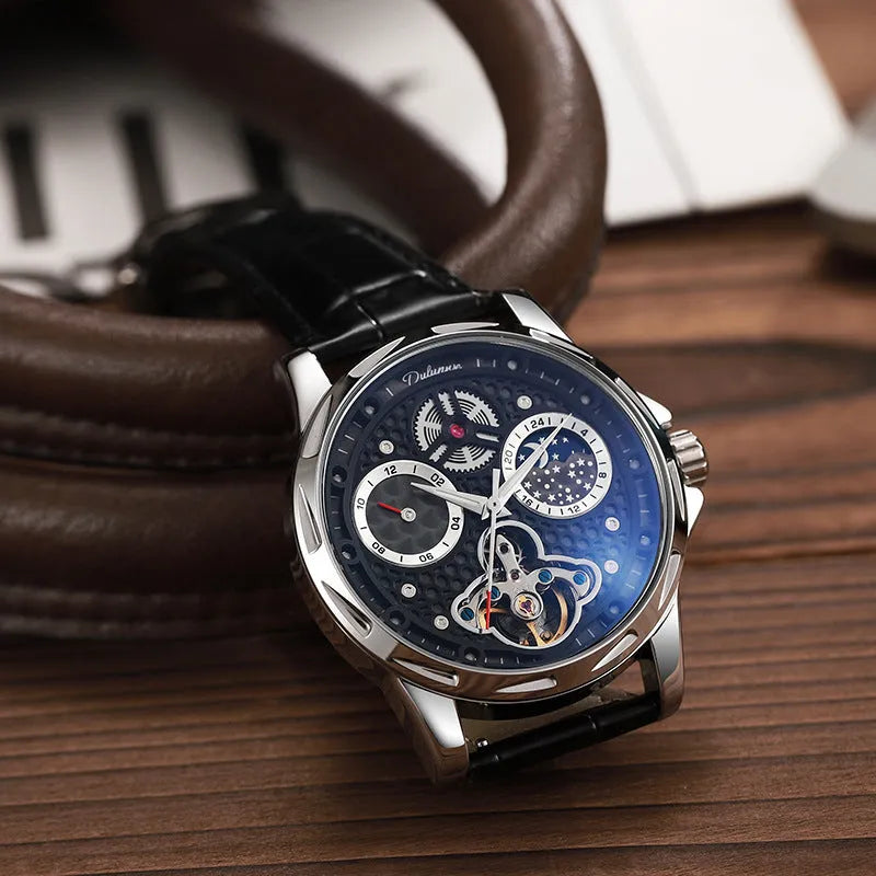 Men's business watch with luminous hands showing steel bracelet and leather strap options