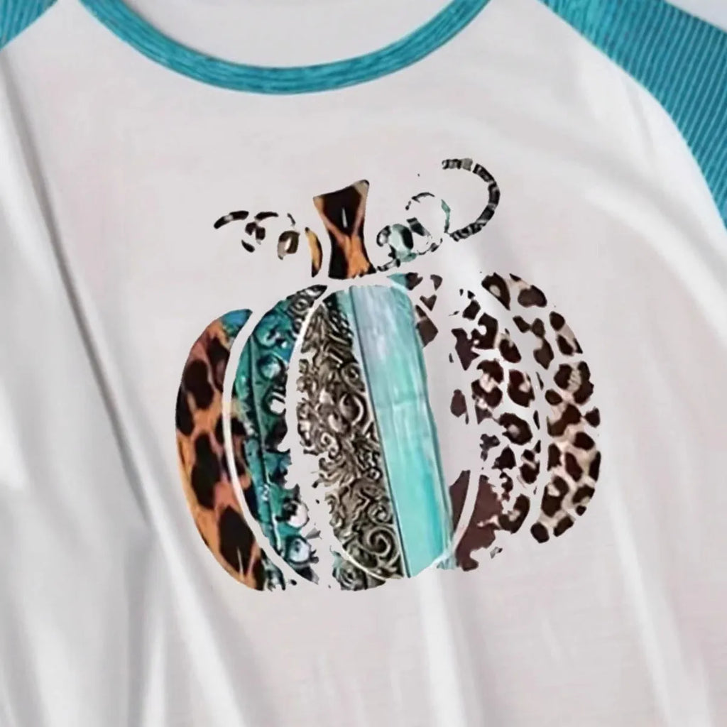 Halloween pumpkin 3D digital printing white T-shirt in sky blue with long sleeves
