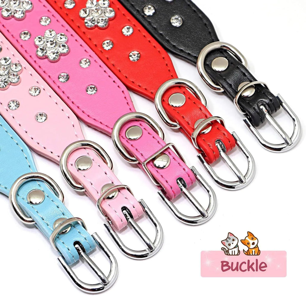 Rhinestone flower pattern studded PU leather dog collar in multiple colours for small medium dogs