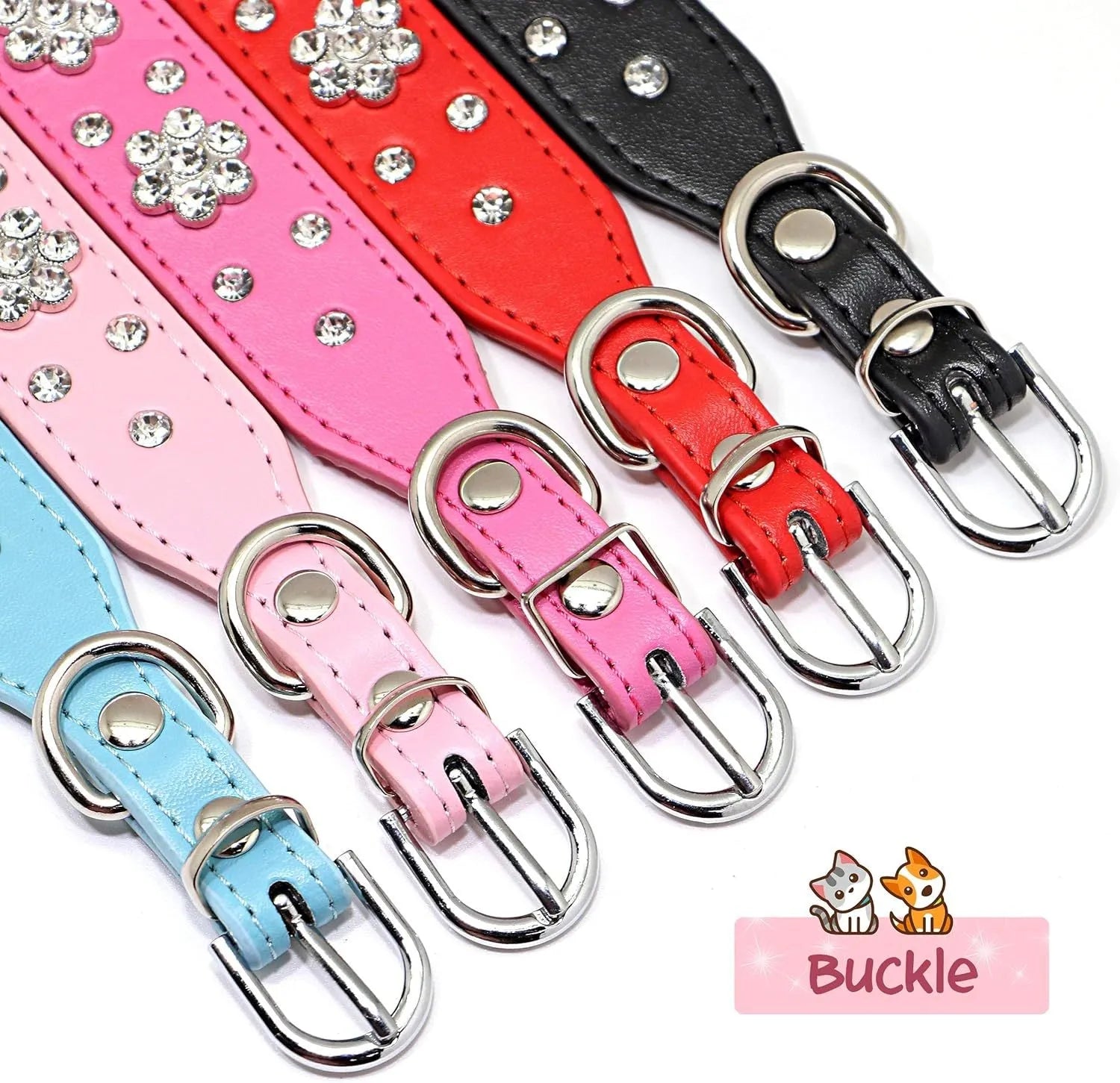 Rhinestone flower pattern studded PU leather dog collar in multiple colours for small medium dogs