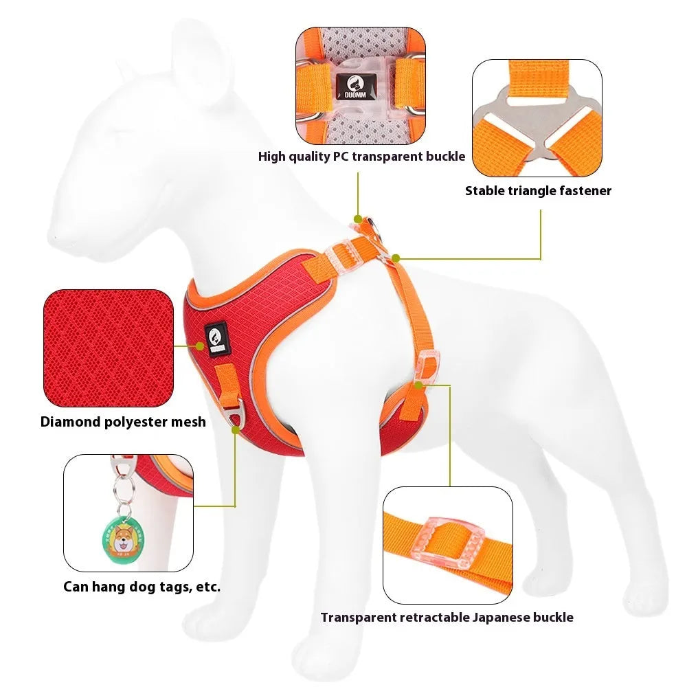 Adjustable mesh dog harness with reflective strips in black, red, grey, or light purple